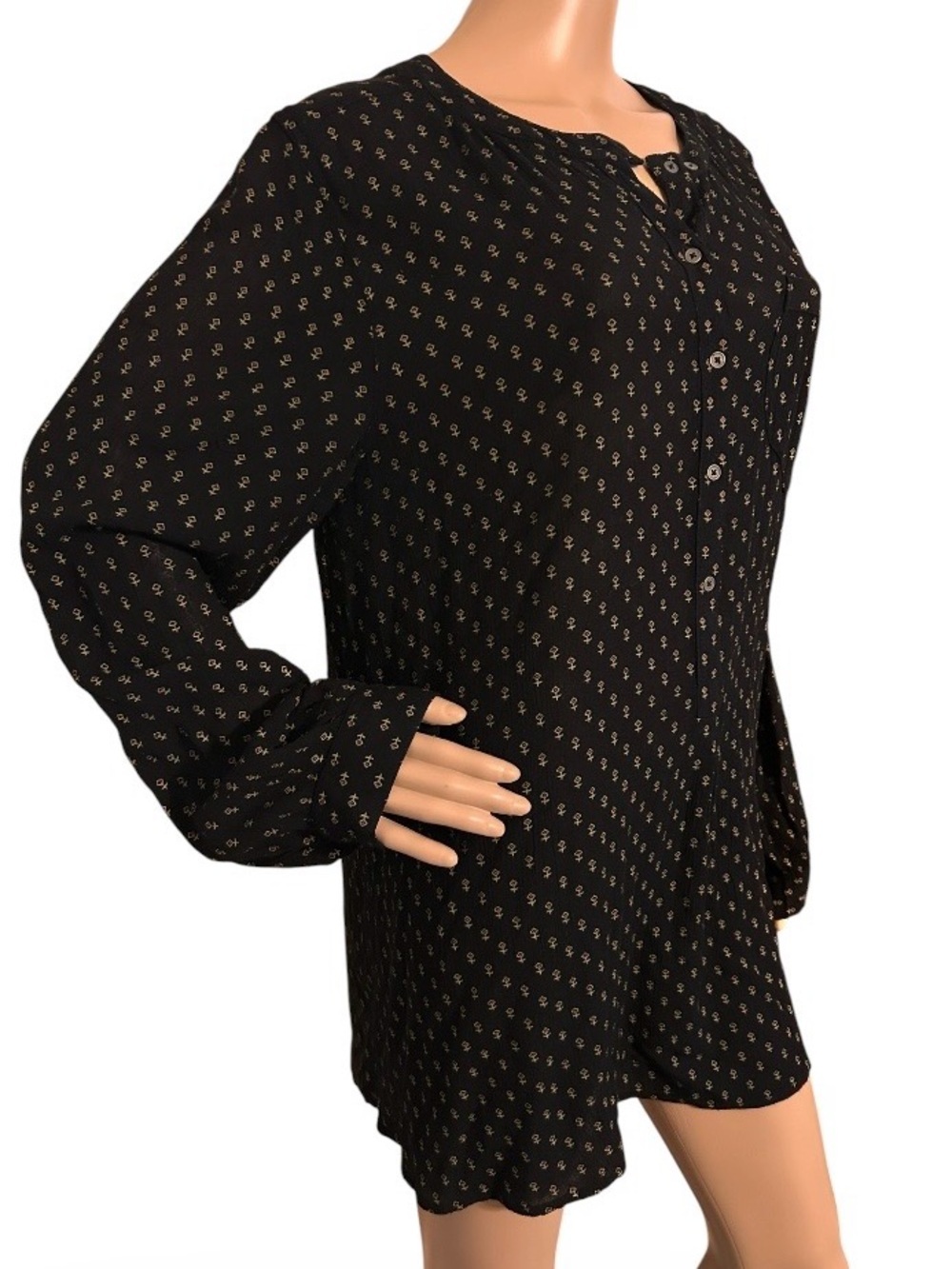 Free People Deep V Boyfriend Shirt/Tunic Blouse In Black Boho Chic Women L Artsy